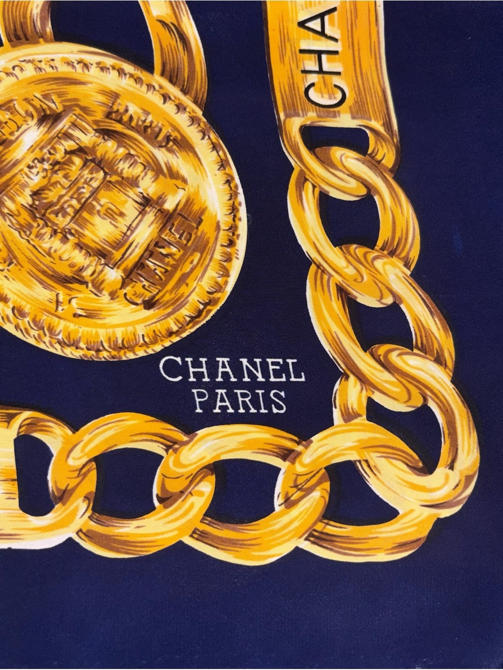 Authentic CHANEL Chain Print Silk Scarf Navy Blue Gold CC Logo Rue Cambon Paris - Picture 5 of 8